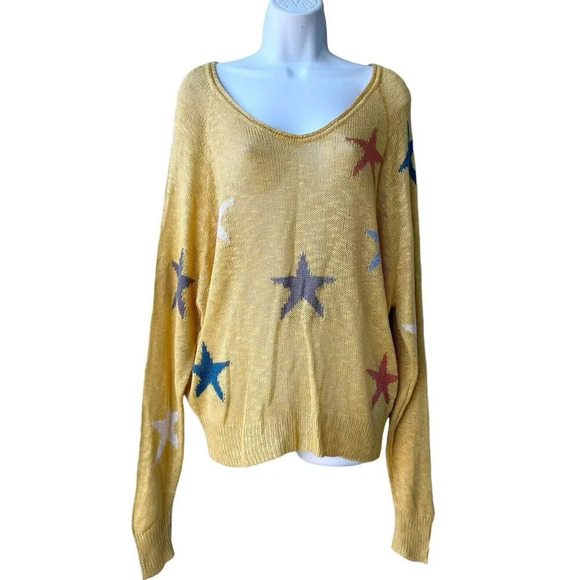 BLANK PAIGE Knit Stars Sweater Scoopneck Yellow Loose Fit Lightweight Pullover S - Picture 1 of 3